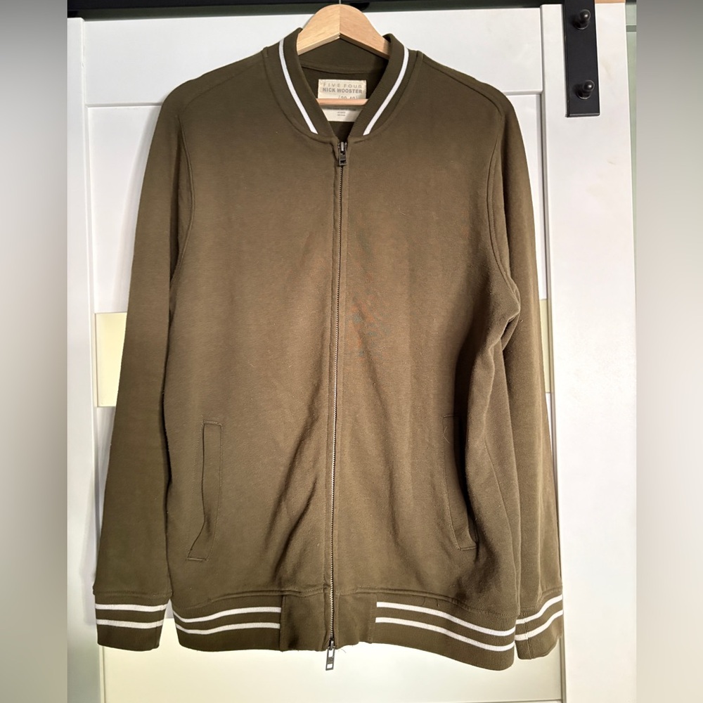 Nick Wooster/Five Four Olive Heavy Knit Zip-Up Bomber Sweater with White Stripes